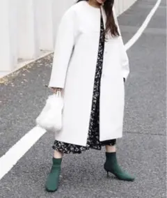 FRAY I.D 1回のみ着用 上品 ノーカラー ロングコート ホワイト グレー