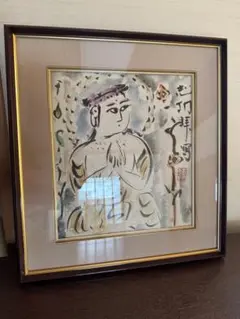 棟方志功／絵画／墨画／倭画／毛筆／肉筆／水彩／色紙／額縁／ 妙韻 伝棟方志功画 倭絵（色紙） ＆ 双妃の柵 棟方志功画 扇面