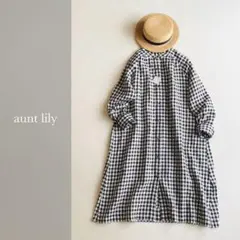 aunt lily フレンチリネン100% バンドカラー ギャザー ワンピース