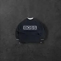 HUGO BOSSロゴ刺繍トレーナーリンガー鹿の子ボックスシルエットブラック