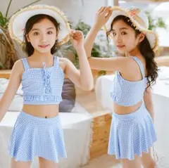 【新品未使用】セパレート 水着 ブルー 130-140cm女の子 チェック柄