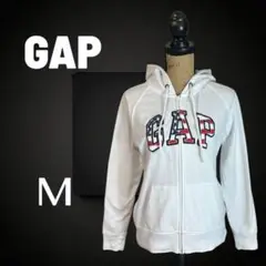 美品✨【GAP】デカロゴジップアップパーカー　アメリカ国旗　裏起毛　ホワイト　M