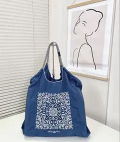 新品　刺繍 つる柄 エコバッグ　Mサイズ ネイビーブルー