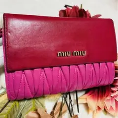ミュウミュウ 折り財布 マテラッセ L字ファスナー レザー ピンク レッド