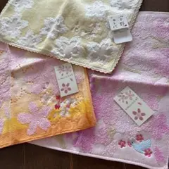 未使用　さくらのタオルハンカチ3枚　宇野千代　sakura小町　桜　鳥　刺繍　和
