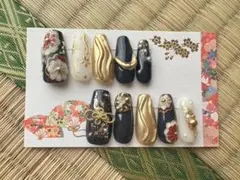 現品販売★ネイルチップ★和柄★振袖★豪華★ネイビー★和モダン★ミラーネイル★紺色