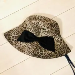 美品 アシーナニューヨーク レオパード柄 リボン帽子 ハット リサコヒョウ柄