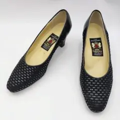 【美品】MIHAMA パンプス 23.0 レザー✕スエード編み込み 黒 6cm高