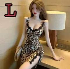 セクシー キャミソール ヒョウ柄 飾りレース ワンピース サテン レオパード