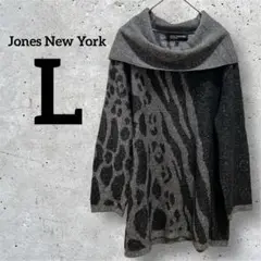 Jones New York【L】ヒョウ柄チュニック 長袖 オフタートル ラメ