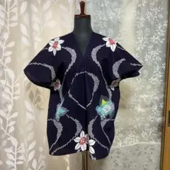 浴衣リメイク 浴衣反物 Vネック ブラウス チュニック カフタン 紺 虹白花11