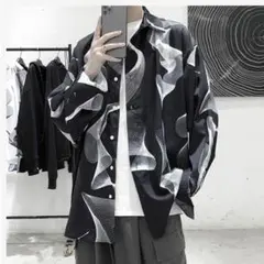 【i9】XL 長袖 シャツ 柄 ルーズフィット カジュアルシャツ ブラック
