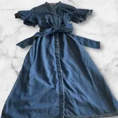 ZARA ザラ デニムロングワンピース ベルト付 半袖 フリル袖 リヨセル
