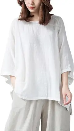 ゆったり着る✨ブラウス Tシャツ レディース クルーネット 無地 七分袖 白 M