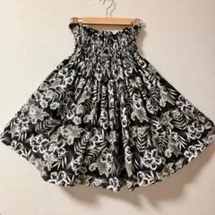 パウスカート フラダンス ハイビスカス ゴム3段 黒×白　フラダンス衣装