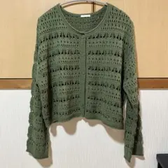 GU オリーブグリーン 透かし編みカーディガン L