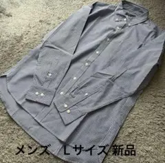 メンズ アイロン掛け不要ラクっとお手軽ギンガムチェック長袖シャツ中紺L新品
