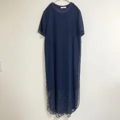 AMERI アメリ シアー 花柄ロングワンピース シフォン 半袖 マキシ丈　紺