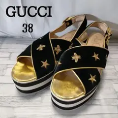 GUCCI 厚底サンダル ベロア ビーu0026スター 刺繍 黒×ゴールド 38