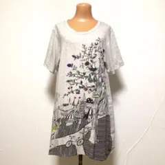 スカラー フラワー クレイジー チュニック シャツワンピース 灰白 M 美品