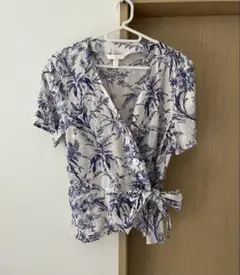 H&M ブラウス　花柄　ブルー　半袖