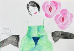 自画像ドローイング♡A4水彩アクリル絵画原画抽象画