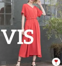 美品VISビス 細ベルト付Vネックワンピースフリー 赤ロングワンピフレアワンピ