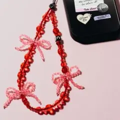 ビーズ スマホストラップ フォンチャーム ブラッシュドボウ ケースティファイ