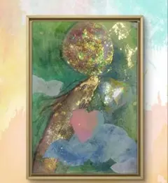 額付き★一点物！満月　金龍神様とハート開運絵画　原画 家庭運　愛情