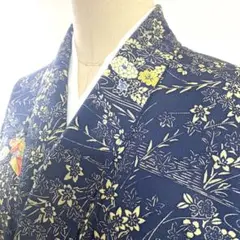 2m2020 着物 正絹 袷 小紋 青 黄色 赤 花柄 和装