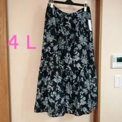 最終値下げAvail 4L 黒地に青い花柄 フリル付きロングスカート