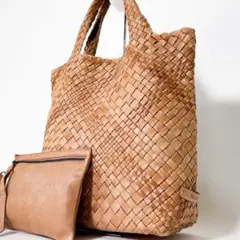 極美品✨ファロルニ トートバッグ イントレチャート 大容量 ポーチ付 レザー編み