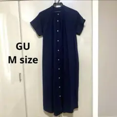 【美品】GU バンドカラーワンピース 半袖シャツワンピ M ネイビー