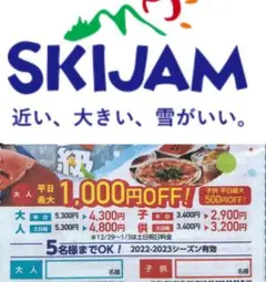 スキージャム勝山 1000円割引券 1枚