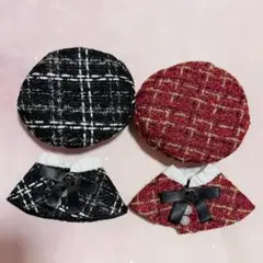 【赤＆黒】セット ぬい服 10cm用 ベレー帽 & ポンチョ ぬいぐるみ服