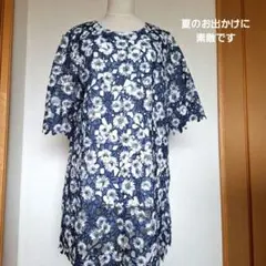 花柄レースチュニック 半袖 ネイビーゆったりふんわりサイズ