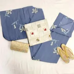 【S194】着物 小紋 正絹 単衣 棒衿 百合 青 単品販売♪