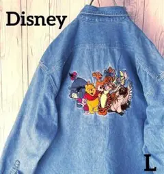 ディズニー　プーさん　デニム長袖シャツ　バックデカ刺繍 メンズLサイズ 青ブルー
