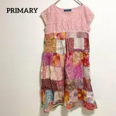 a741【PRIMARY】ワンピース 半袖 古着 総柄 ピンク リゾート