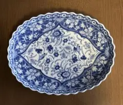 有田焼　龍峰窯　花鳥　染付更紗　楕円大皿　菊割　輪花　大鉢　和食器 有田焼 龍峰窯 花鳥 染付更紗 楕円大皿 菊割 輪花 大鉢 和食器