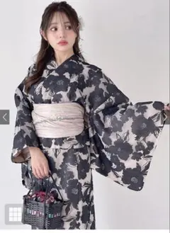 黒とベージュの花柄 浴衣・帯セット