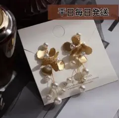 ゴールド フラワーピアス ブライダルアクセサリー パール ウェディング