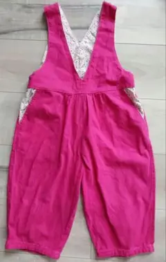 【中古品90サイズ】濃いピンク　ショッキングピンク Vネック サロペット