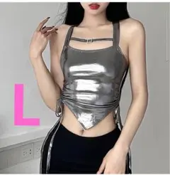 新品★L メタリックシルバー クロスバック キャミソール ダンス 衣装