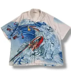 美品 90s トミーバハマ サーフィン柄 プリント オープンカラーシャツ シルク