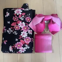 浴衣・帯セット 黒地にピンク花柄