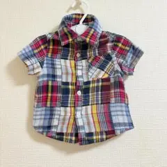 子供服　チェック柄　半袖　シャツ　80　ブルー　幼児　コットン