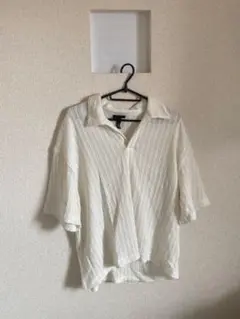 ホワイト メッシュオープンカラーTシャツ