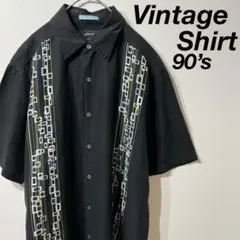 【海外古着】90’sキューバシャツ ラインデザイン半袖シャツ ブラック L