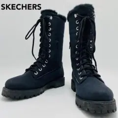 SKECHERS レースアップブーツ サイドジップ 38 黒 ボア ファー付き
